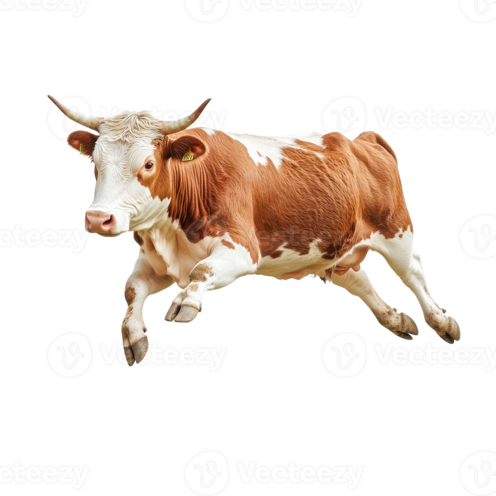 A brown and white cow is jumping png