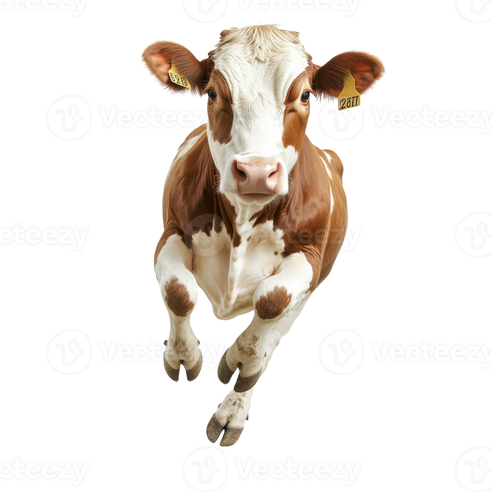 A brown and white cow is jumping up in the air png