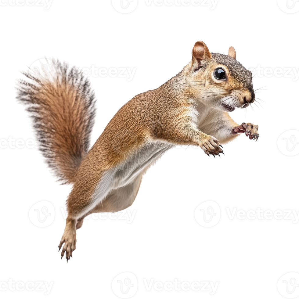 Jumping Grey Brown Squirrel Isolated on a White Background for Nature and Wildlife Use on transparent background png