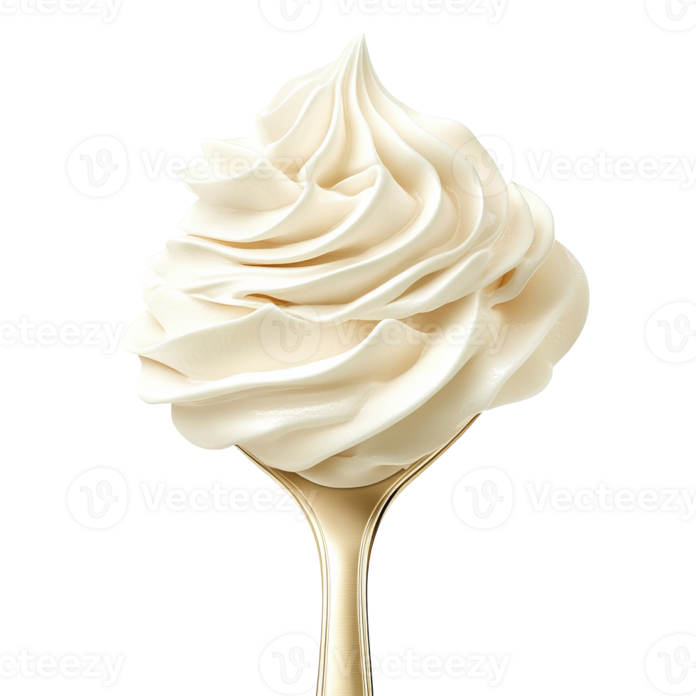 Creamy whipped topping on a golden spoon isolated transparent png