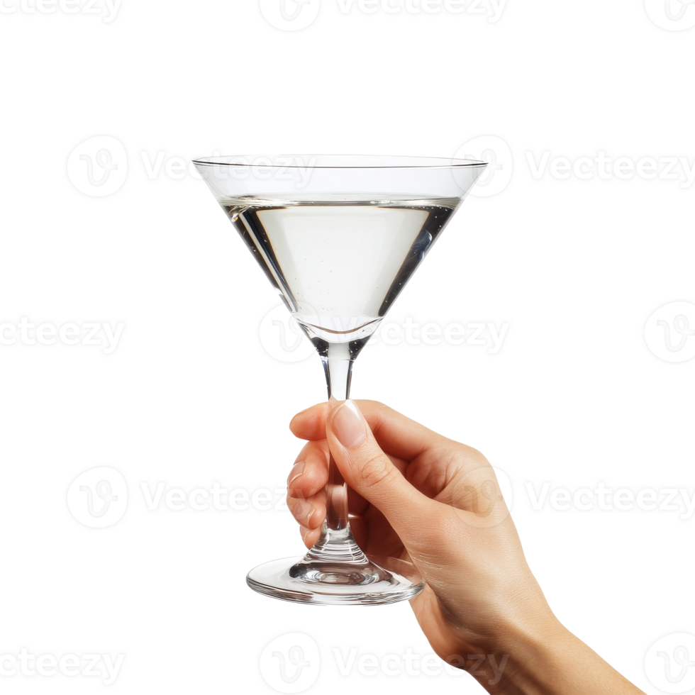 Hand holding a clear cocktail in a martini glass isolated transparent png