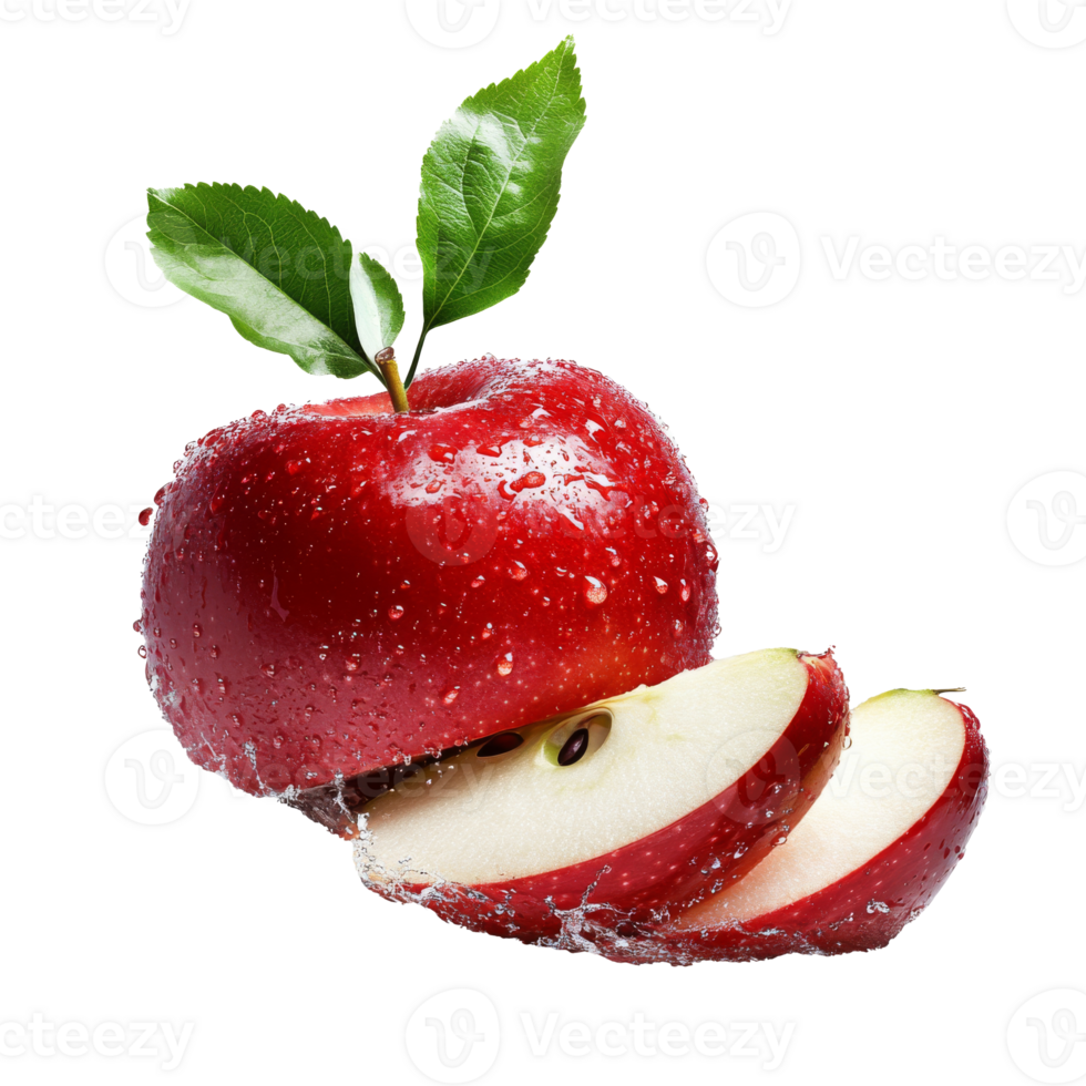 Fresh red apple with droplets slices isolated transparent png