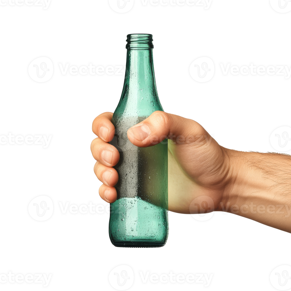 Hand gripping a cold, wet green bottle isolated transparent png