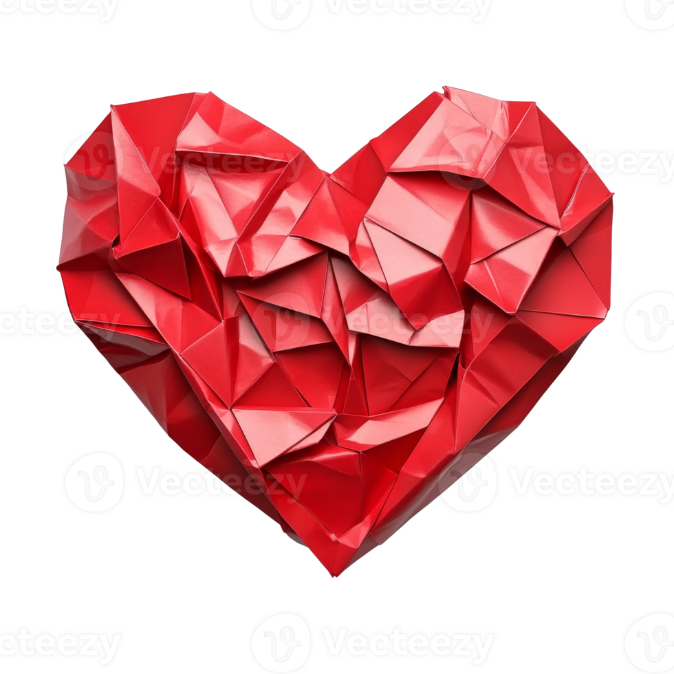 Red origami heart showcasing intricate paper folds isolated transparent png