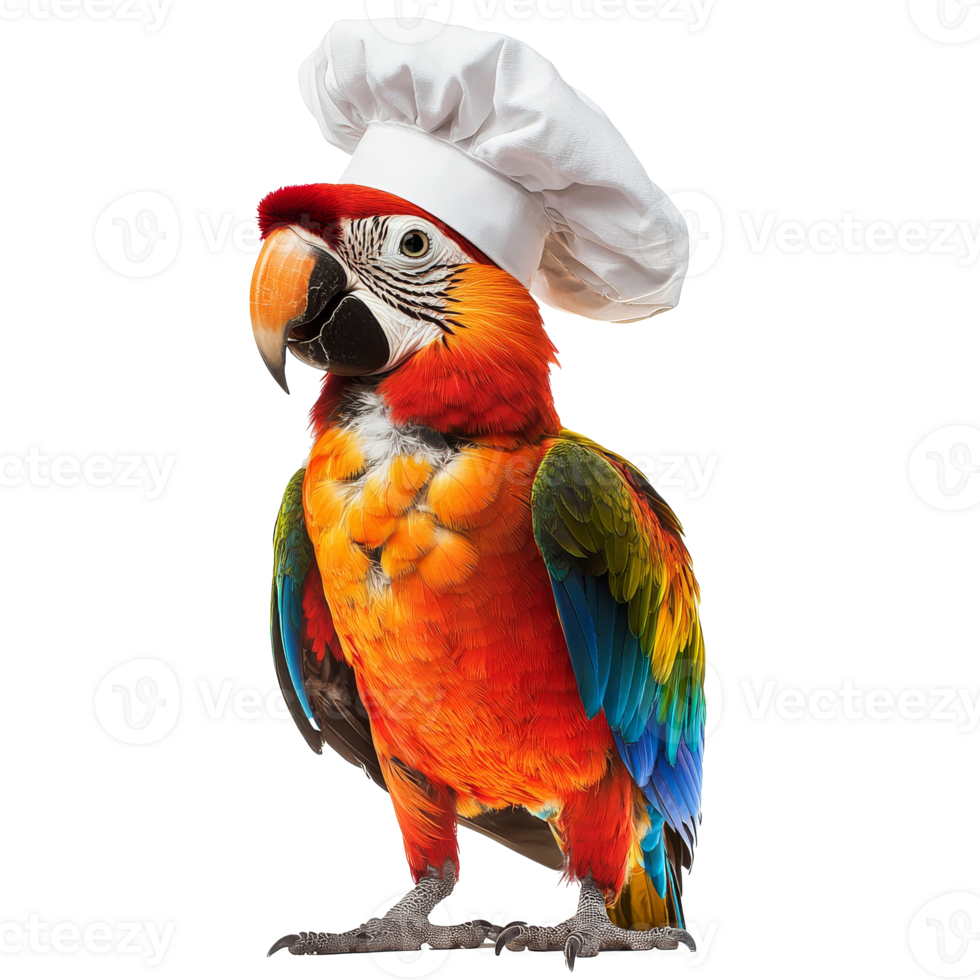 Colorful parrot wearing a chef hat in bright light isolated transparent png