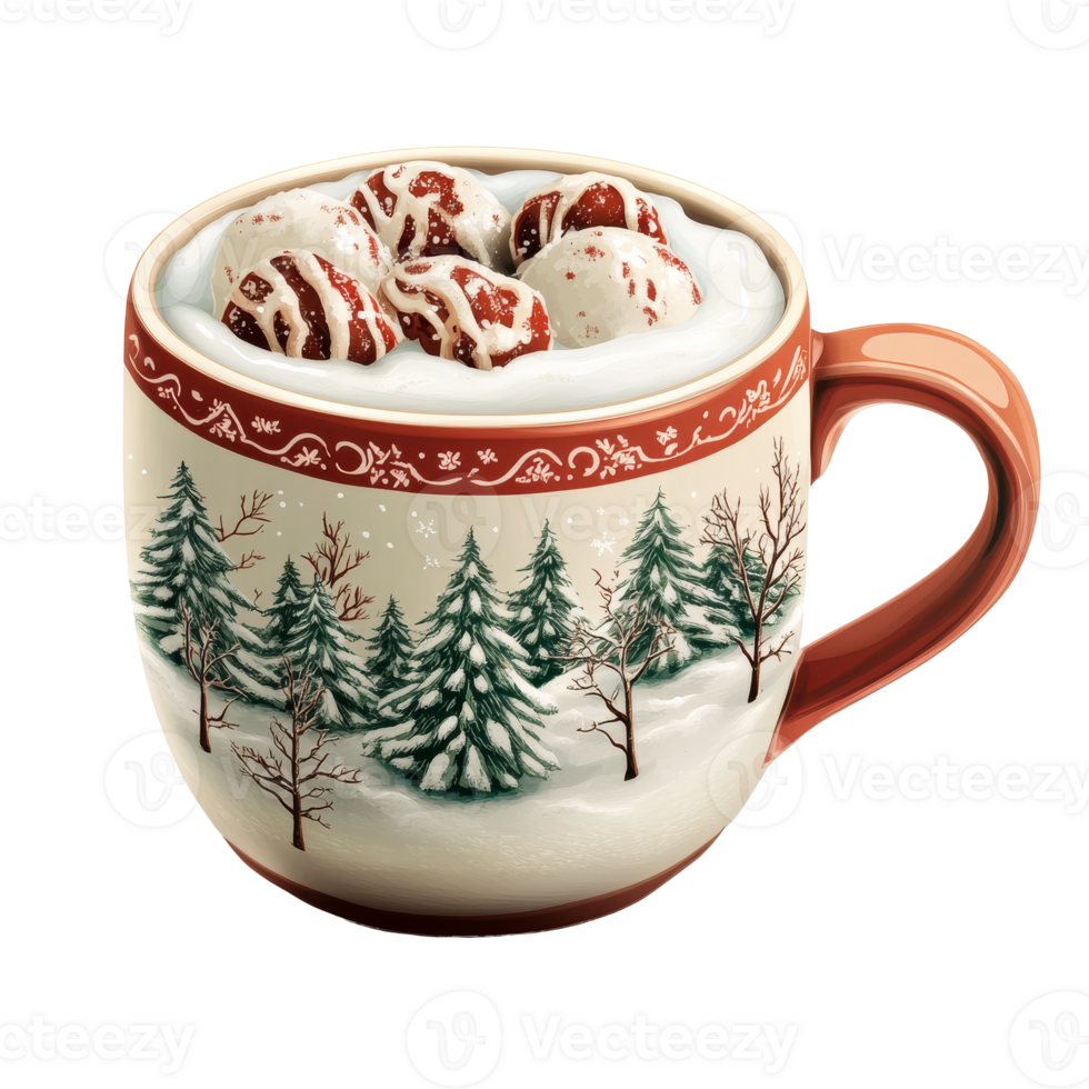 Holiday mug with hot cocoa marshmallows isolated transparent png