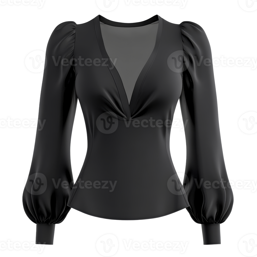 Elegant black blouse with puffed sleeves displayed isolated transparent png