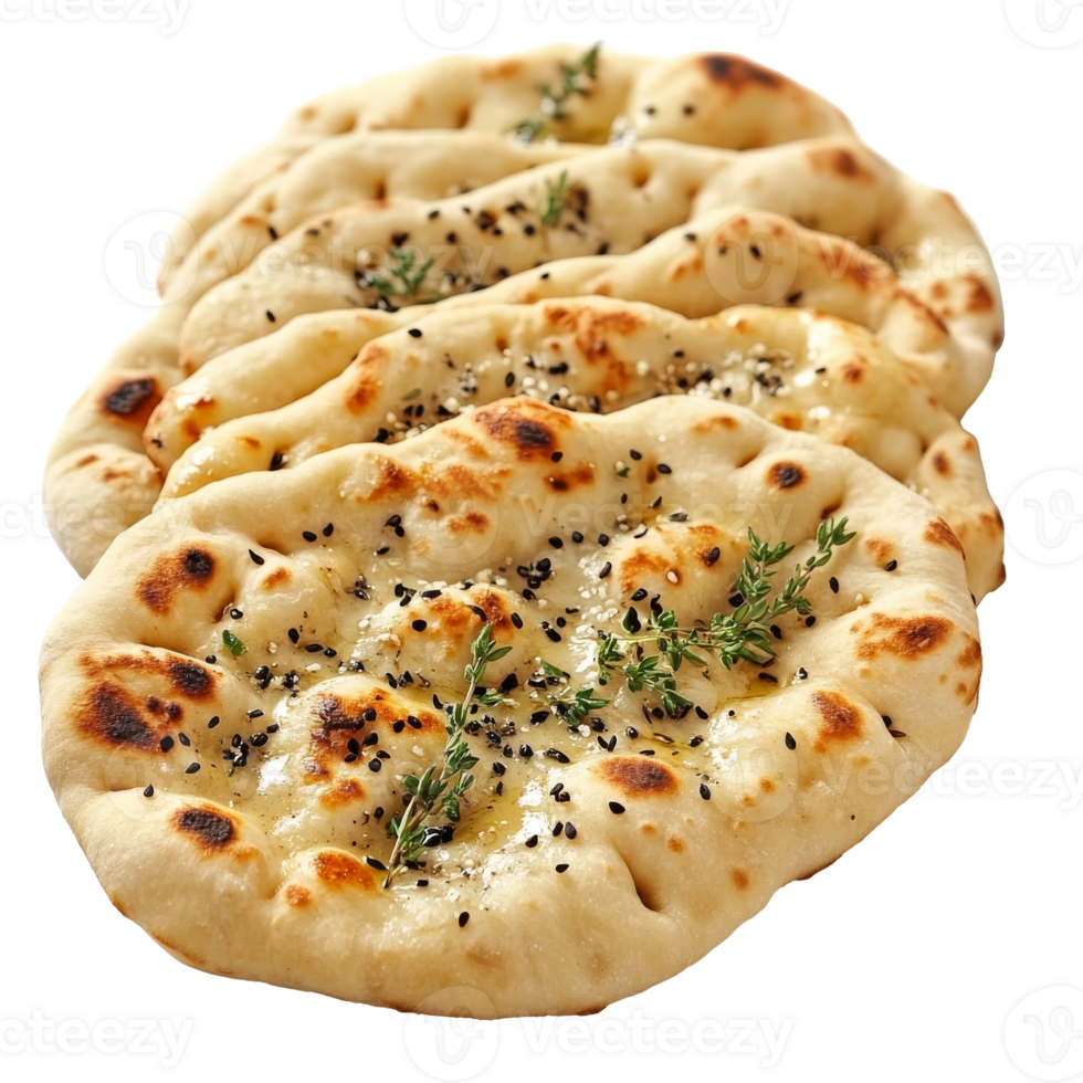 Herbed, spiced naan bread, freshly baked isolated transparent png
