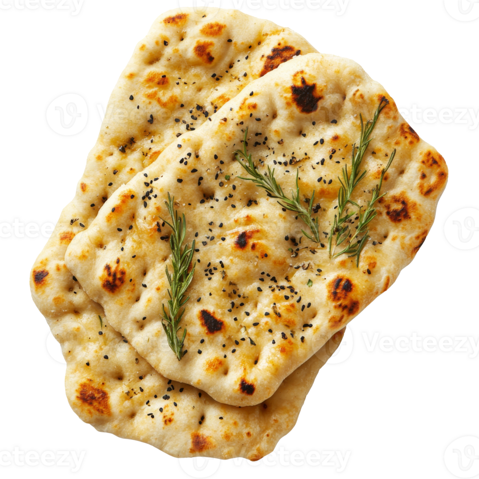 Freshly baked garlic naan with herbs on a plate isolated transparent png