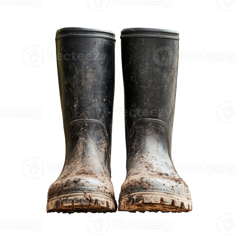 Dirty black rubber boots from gardening isolated transparent png