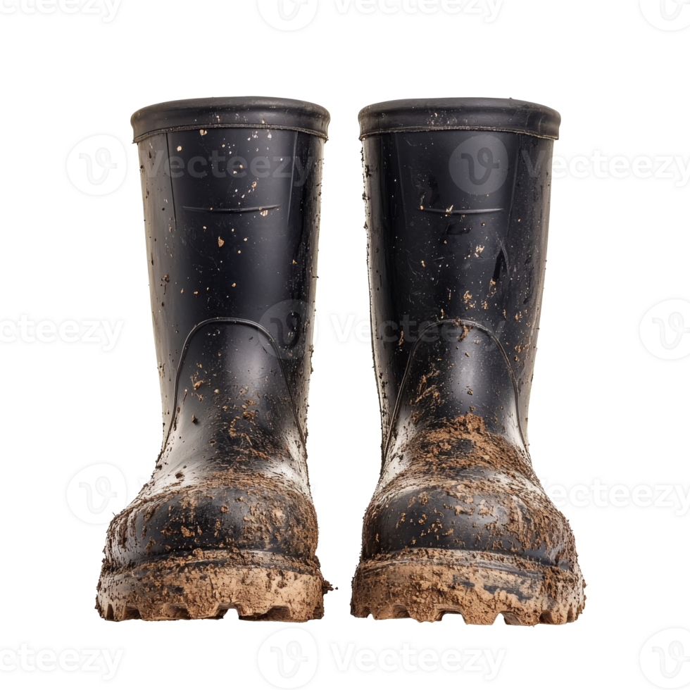 Mud covered rubber boots after a rainy day isolated transparent png