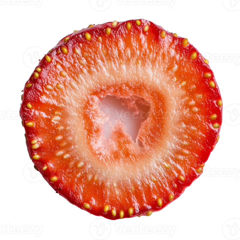 Sliced strawberry with red flesh and seeds isolated transparent png
