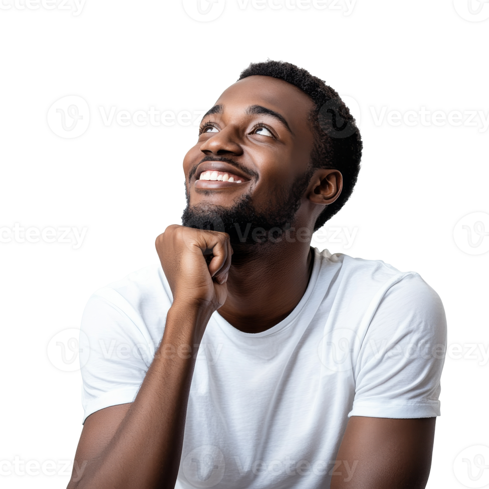 Young man smiling and thinking in a bright setting isolated transparent png