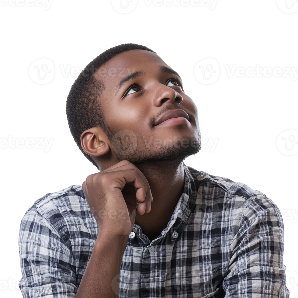 Young man reflecting thoughtfully while looking up isolated transparent png