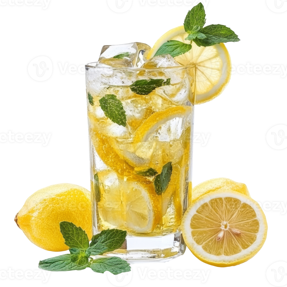 Refreshing lemon mint beverage with ice and slices isolated transparent png
