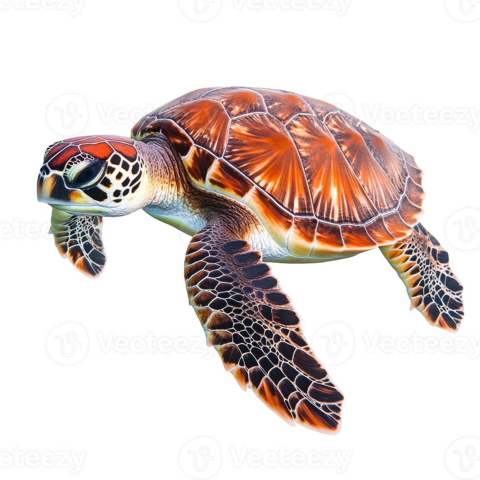 Bright turtle gliding in clear water isolated transparent png