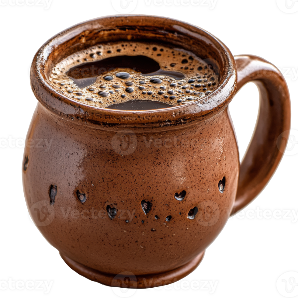 Warm clay mug filled with steaming coffee beverage isolated transparent png