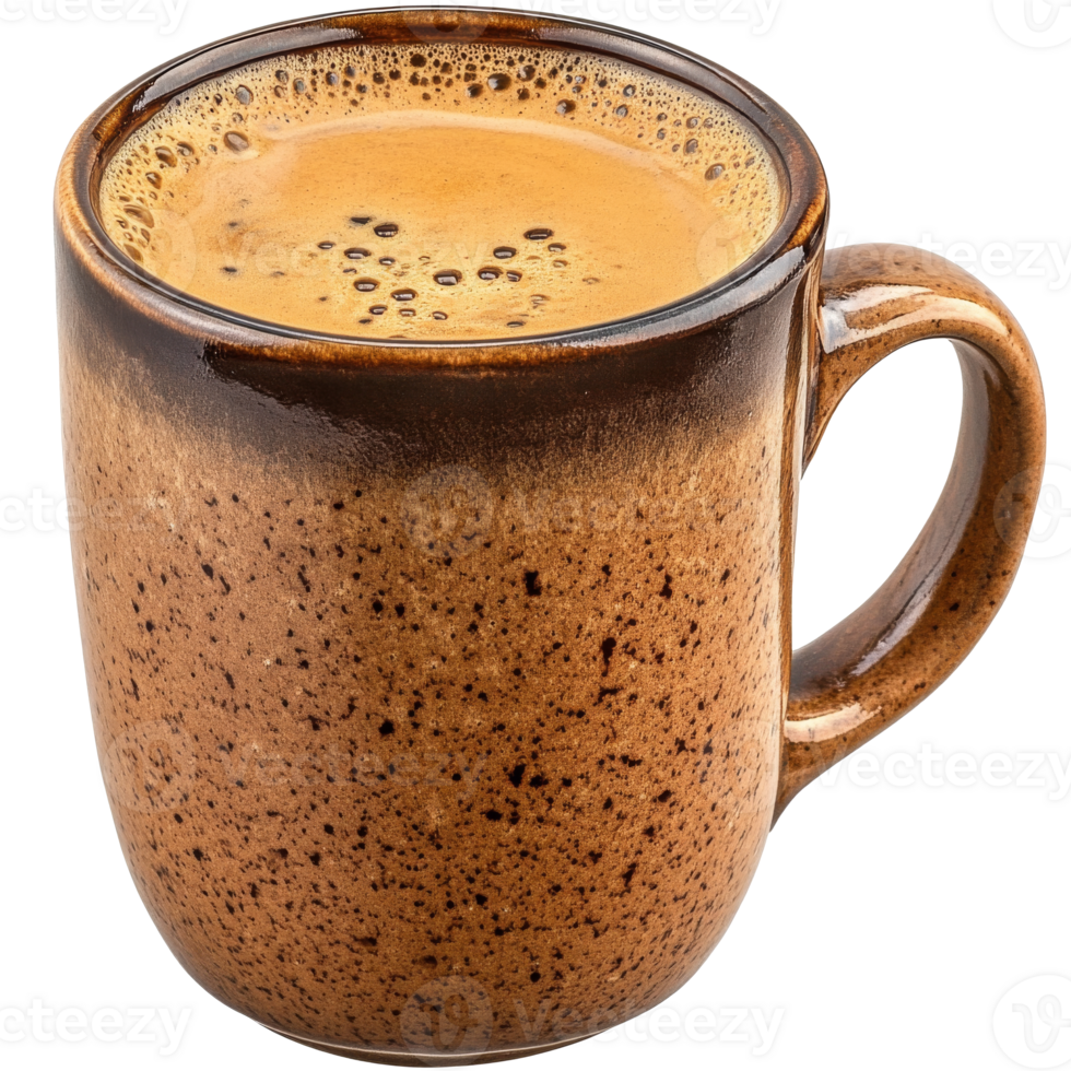 Warm coffee in a rustic brown ceramic mug isolated transparent png