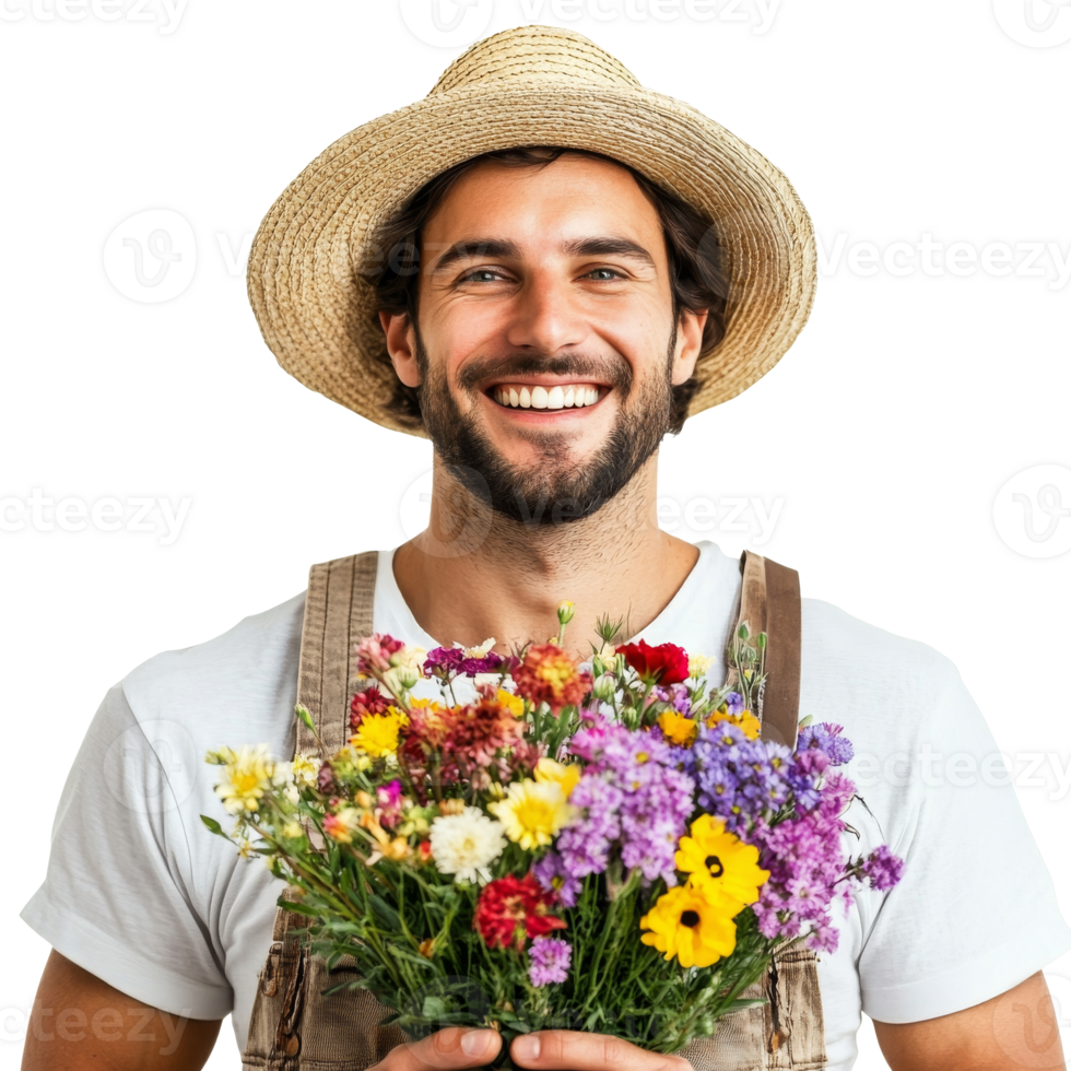 Joyful farmer with flower bouquet isolated transparent png