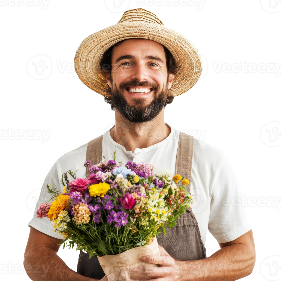 Happy man holding a bouquet of colorful flowers isolated transparent png