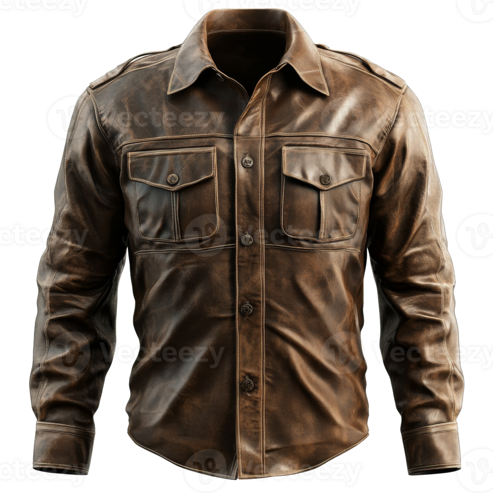 Classic brown leather jacket displayed front view isolated transparent png
