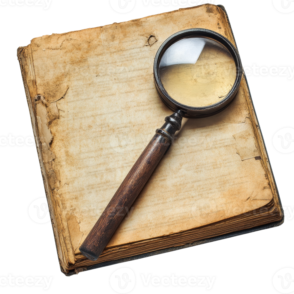 Exploring ancient texts with a magnifying glass isolated transparent png