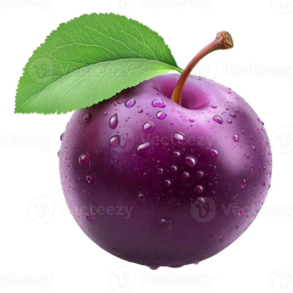 Fresh purple plum with water droplets and leaf isolated transparent png
