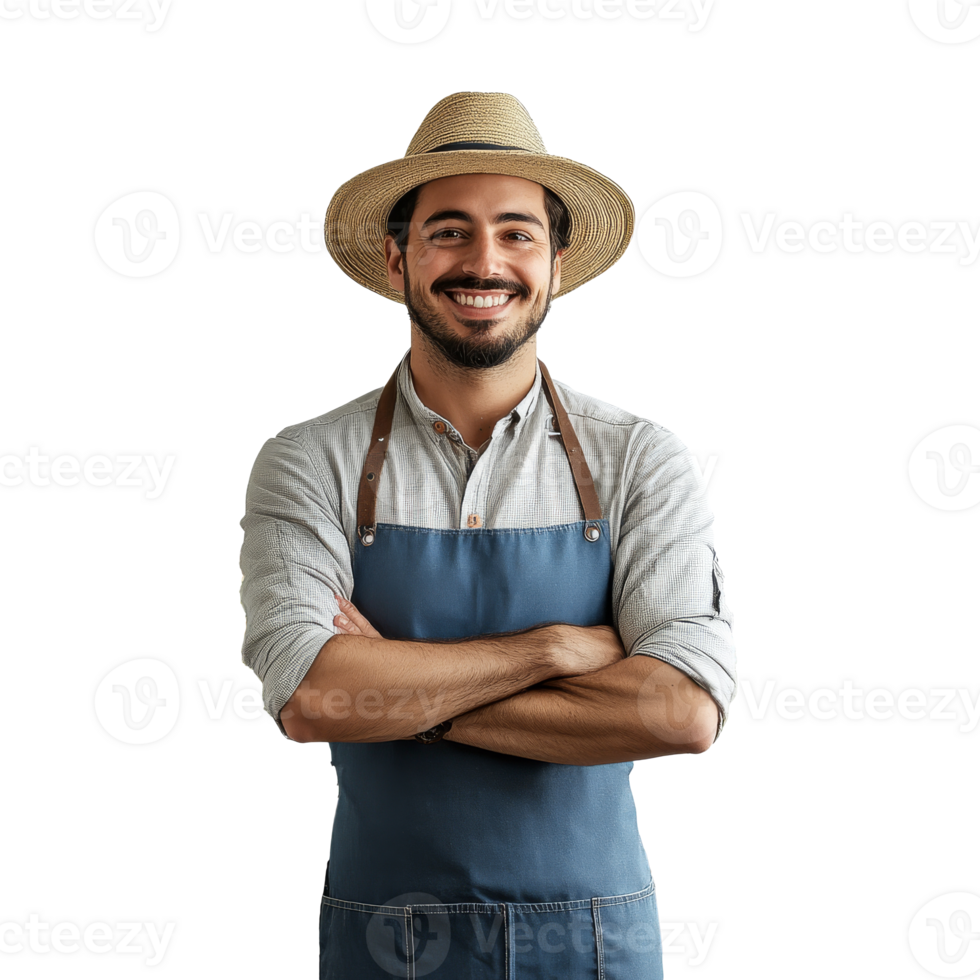 Smiling man in apron and straw hat indoors isolated transparent png
