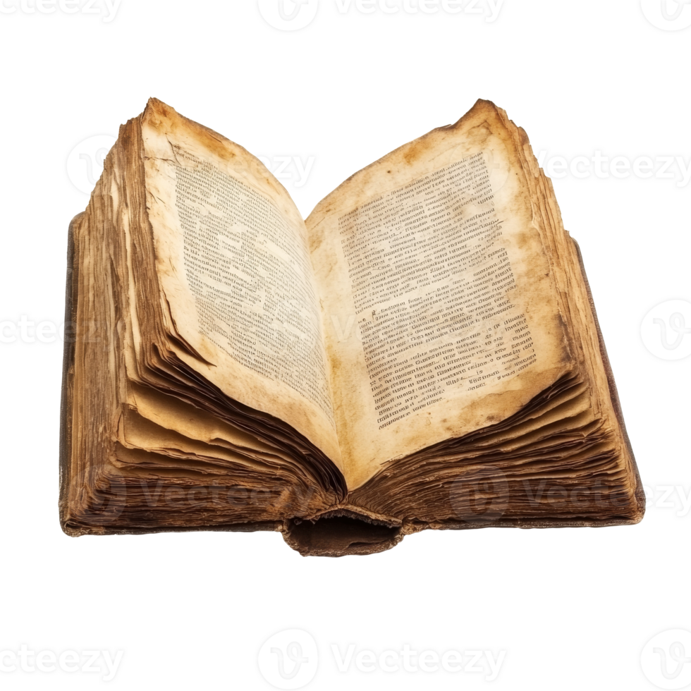 Old, worn book with yellowed pages on display isolated transparent png