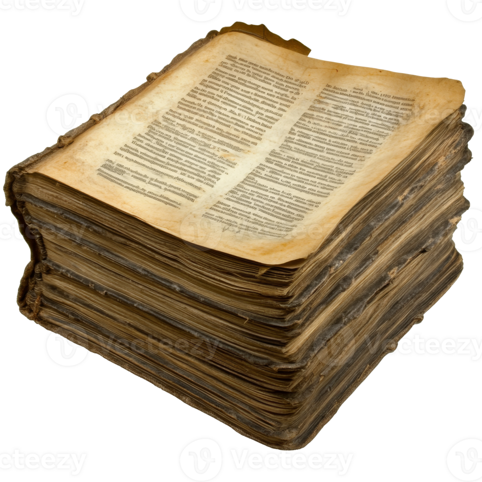 Old weathered manuscript stacked on a wooden table isolated transparent png
