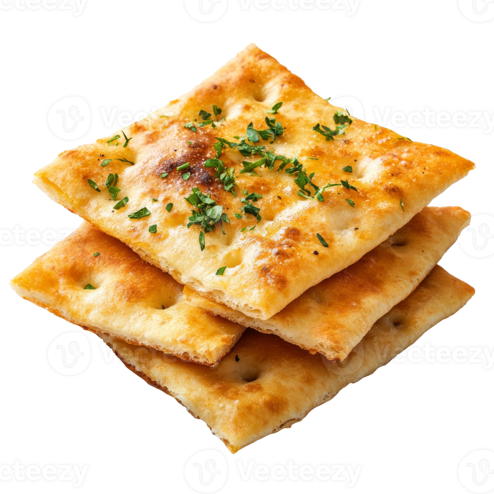 Freshly baked flatbread with herbs on a plate isolated transparent png