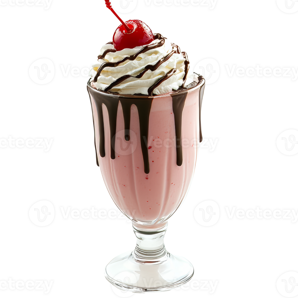 Pink milkshake with cream and cherry isolated transparent png