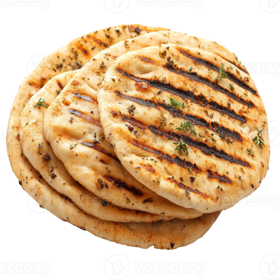 Grilled flatbreads with herbs on a rustic plate isolated transparent png
