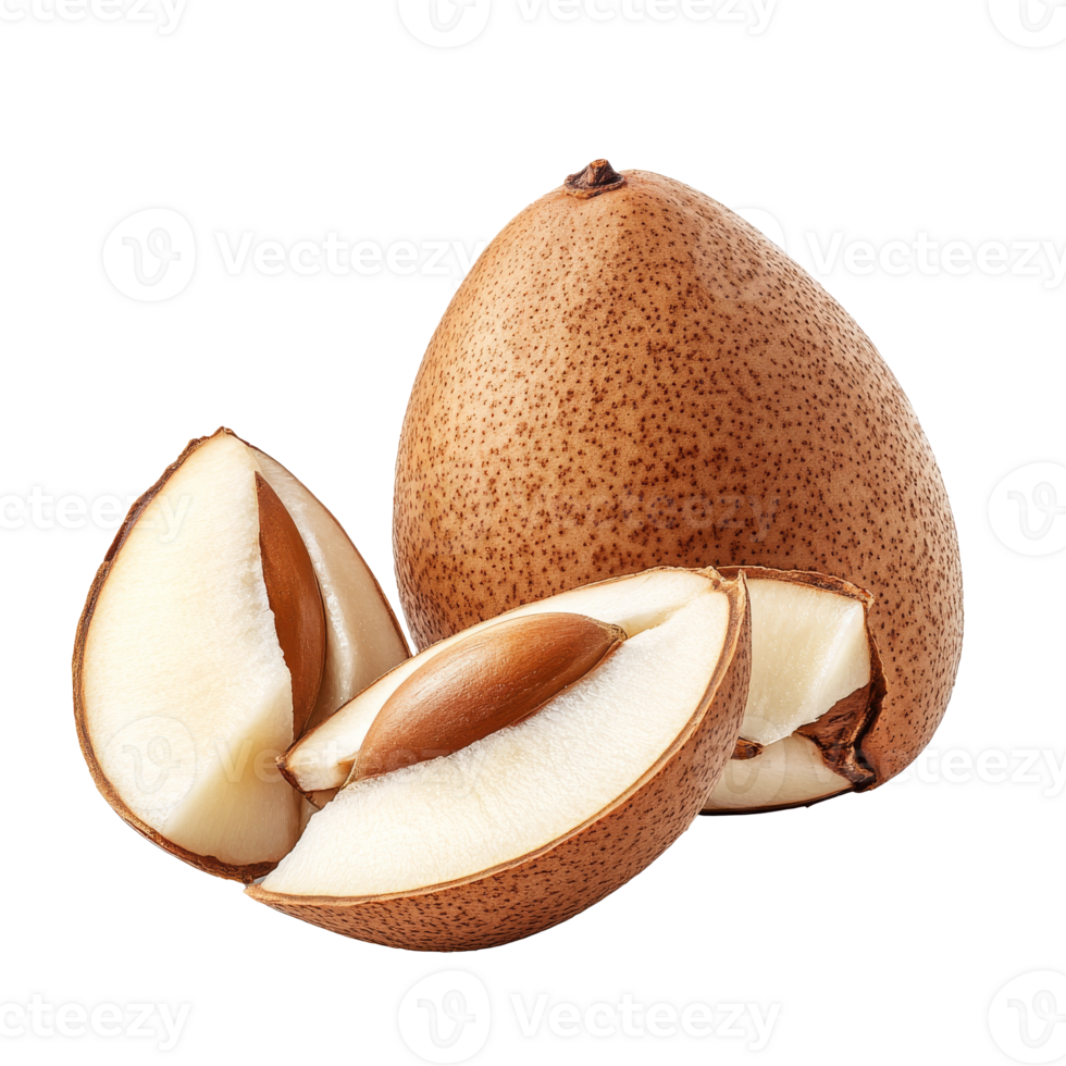 Sapodilla fruit sliced open on white isolated transparent png