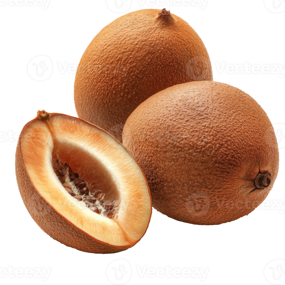 Three fresh sapote fruits on a white background isolated transparent png