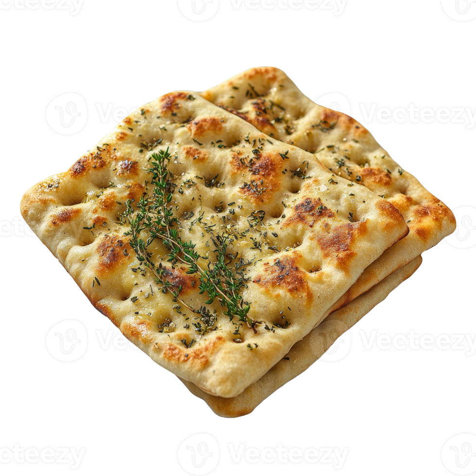 Freshly baked flatbread with herbs on a plate isolated transparent png