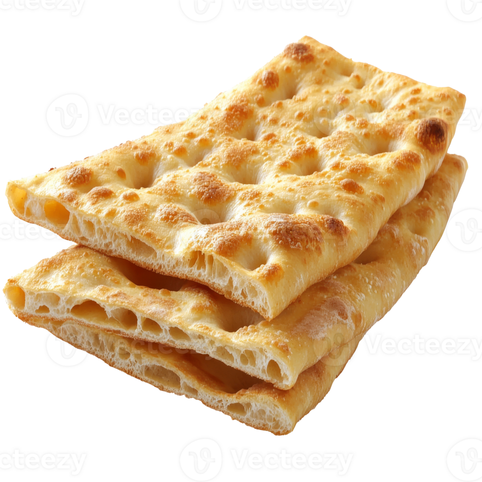 Freshly baked focaccia bread on a wooden table isolated transparent png