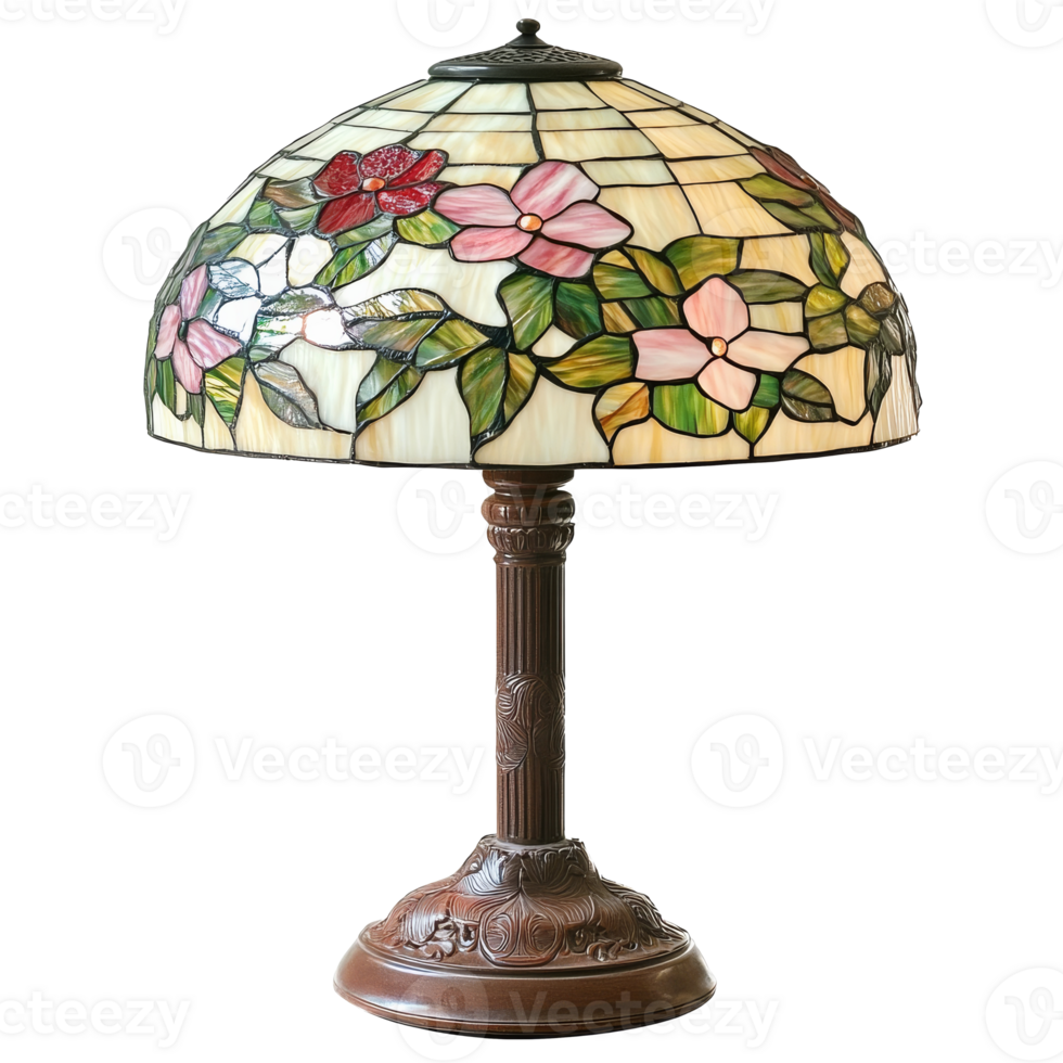 Floral stained glass lamp on wood table isolated transparent png