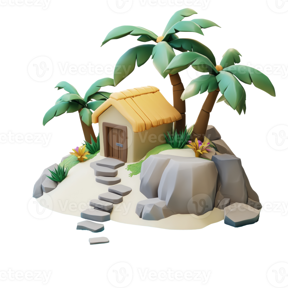 Tropical hut by palm trees at sunset isolated transparent png