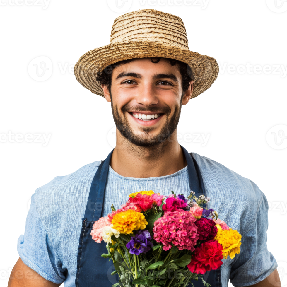 Florist with a bright bouquet smile isolated transparent png