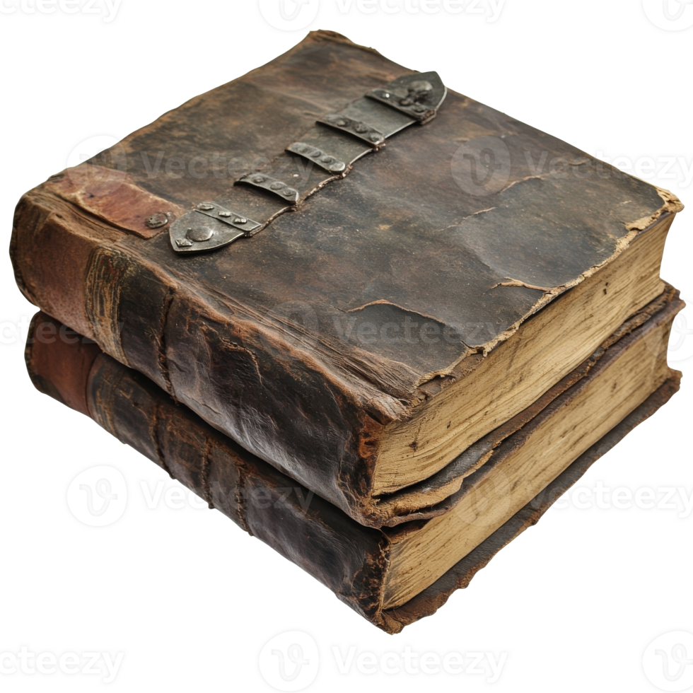 Old leather books on wood surface isolated transparent png