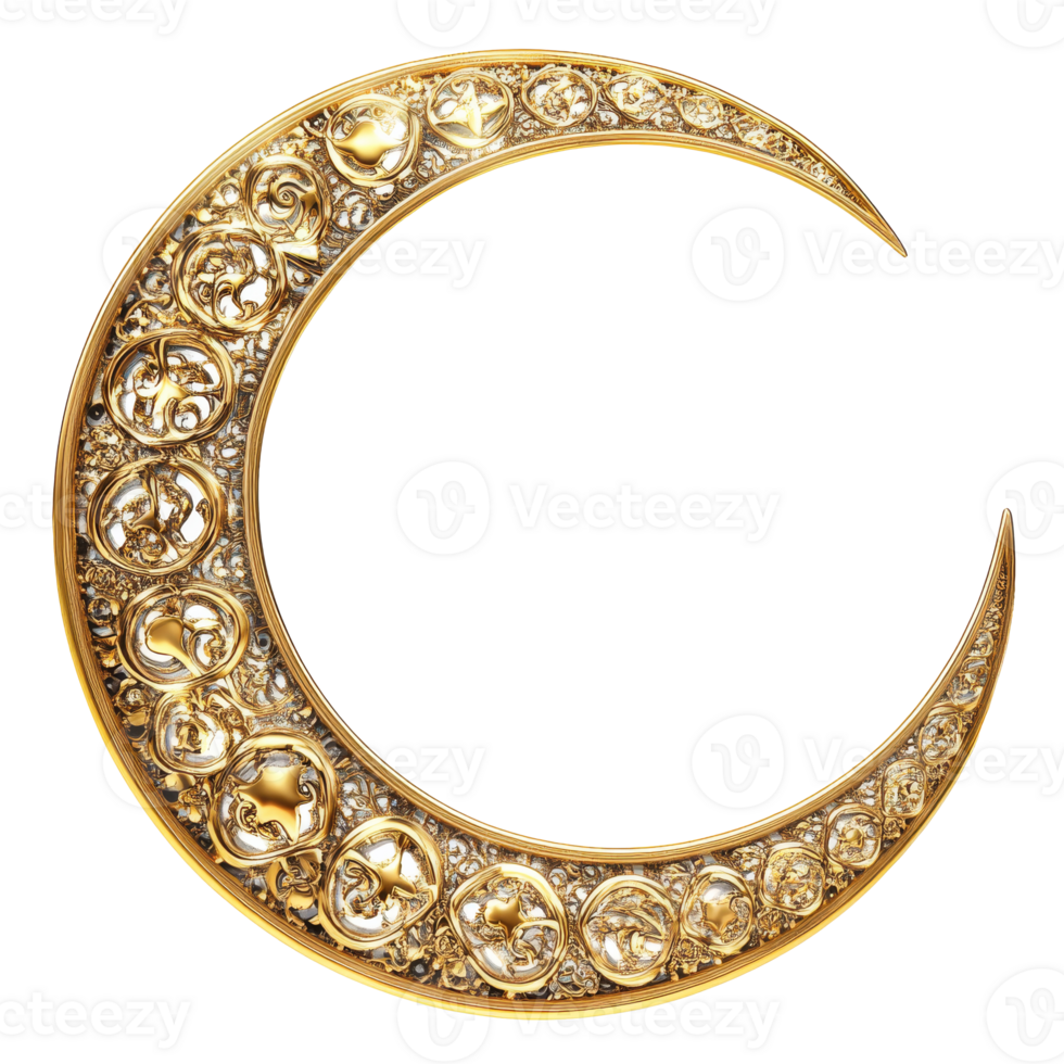 Gold crescent moon ornament with designs isolated transparent png