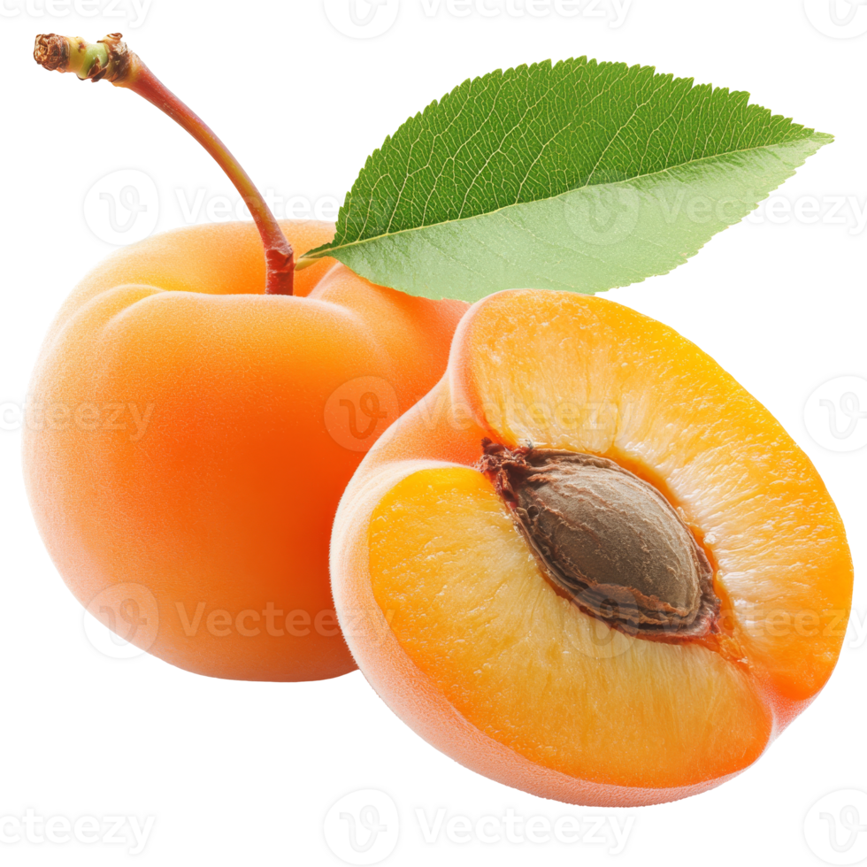 Fresh apricot with green leaf sliced open isolated transparent png