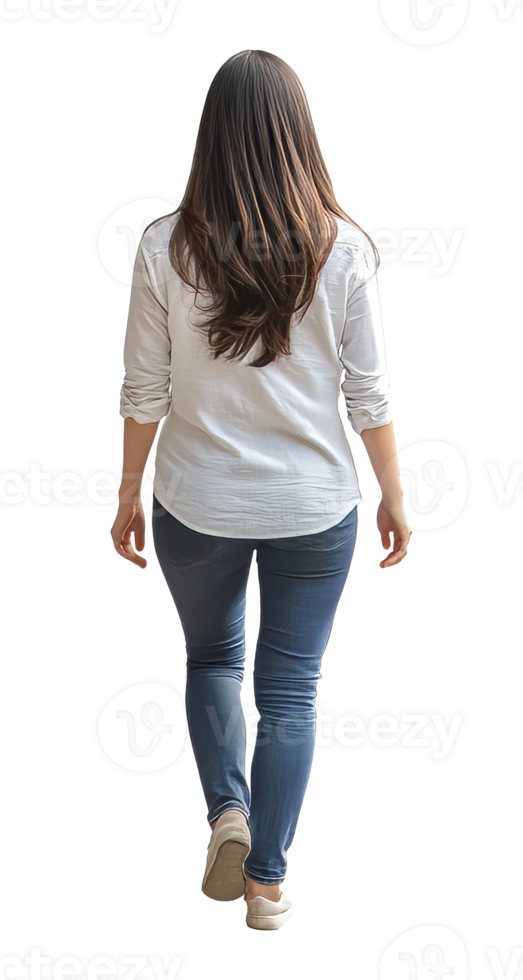 Woman walking away in casual attire on a sunny day isolated transparent png