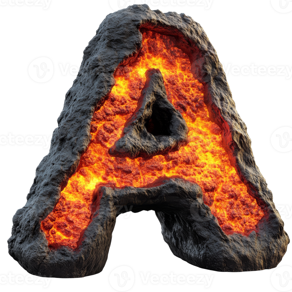 Glowing lava letter A in a rocky formation isolated transparent png
