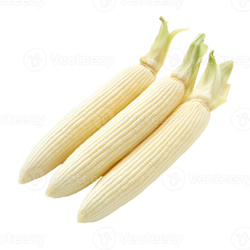 Fresh white corn cobs on a clean surface isolated transparent png