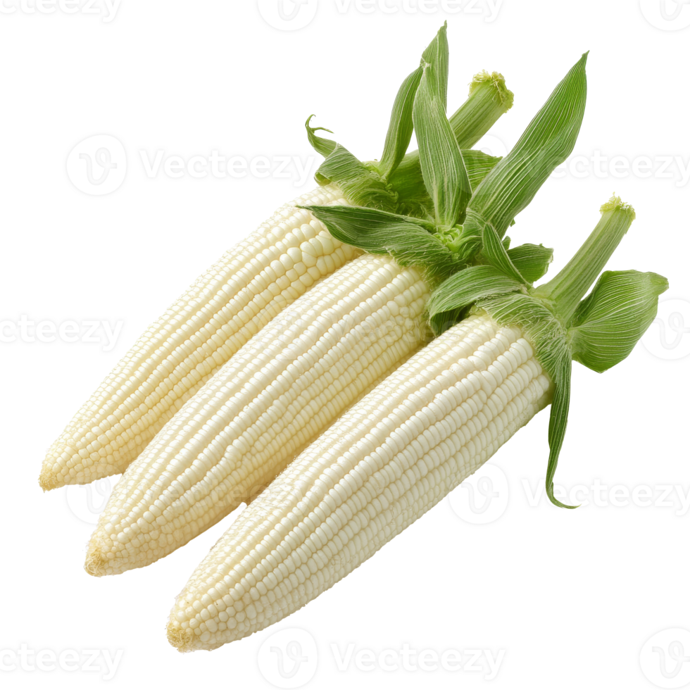 Fresh white corn cobs ready for cooking in summer isolated transparent png