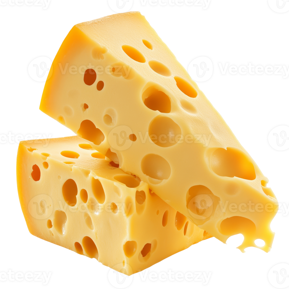 Two large pieces of Swiss cheese stacked together isolated transparent png