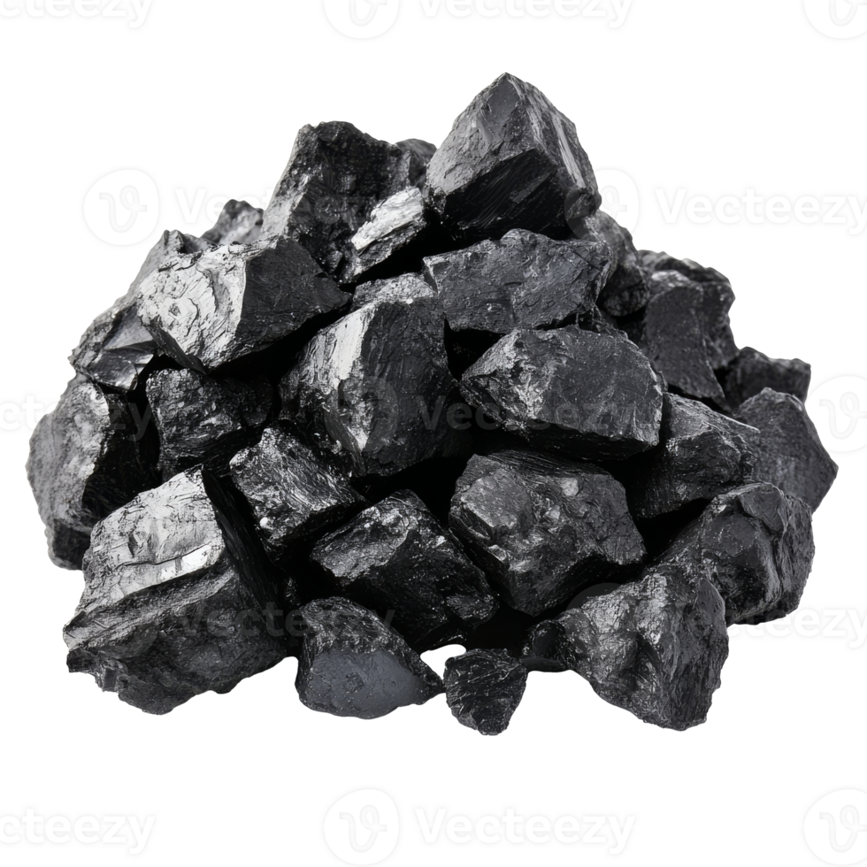 A collection of black coal pieces piled high isolated transparent png