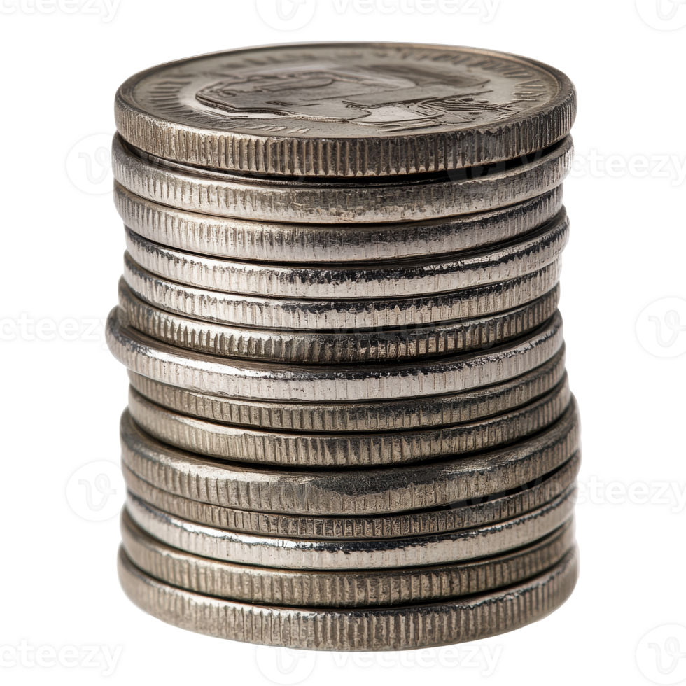 Stacked coins in metal tone on a white background isolated transparent png